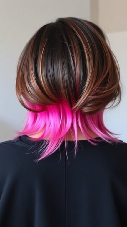 A hairstyle featuring a bright pink underlayer with dark brown top layers.
