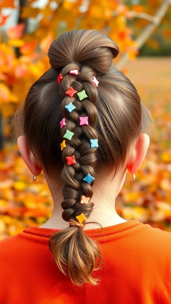 A girl with a bubble ponytail adorned with colorful clips, set against a backdrop of autumn leaves.