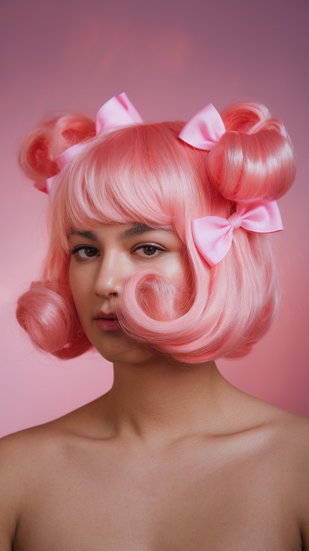 A model with a bubblegum pink bob hairstyle featuring soft curls and pink bows.