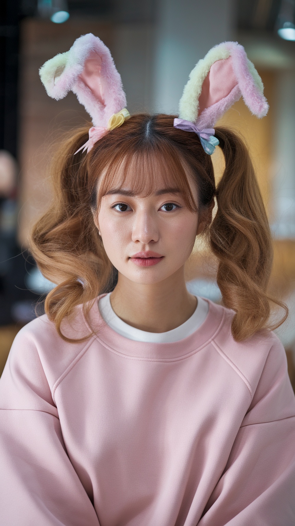 A person with bunny ears pigtails hairstyle, wearing a pink sweatshirt.
