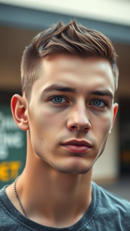 A young man with a stylish buzz cut, showcasing a low-maintenance hairstyle.