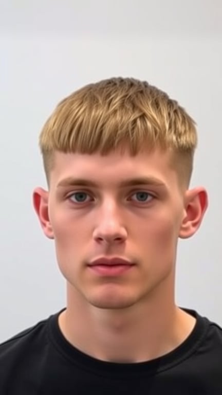 A young man with a Caesar haircut, featuring short sides and a fringe on top.