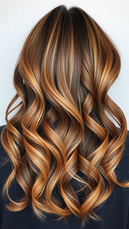 A hairstyle featuring a blend of caramel and chocolate chunky highlights, showcasing waves and curls.