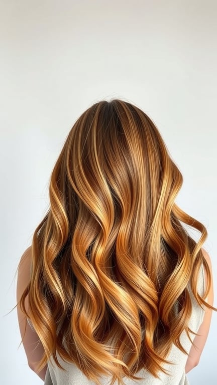 Back view of wavy hair with caramel ginger balayage