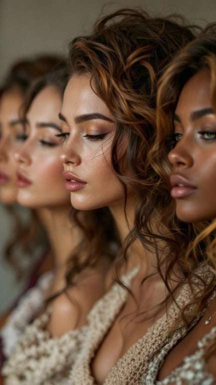A lineup of women with brown hair and caramel highlights, showcasing different skin tones.
