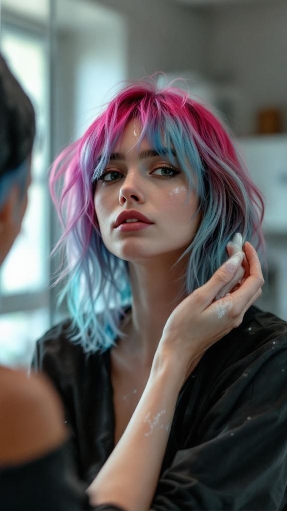 A person with colorful emo shag hair, featuring pink and blue tones, looking in a mirror while touching their hair.