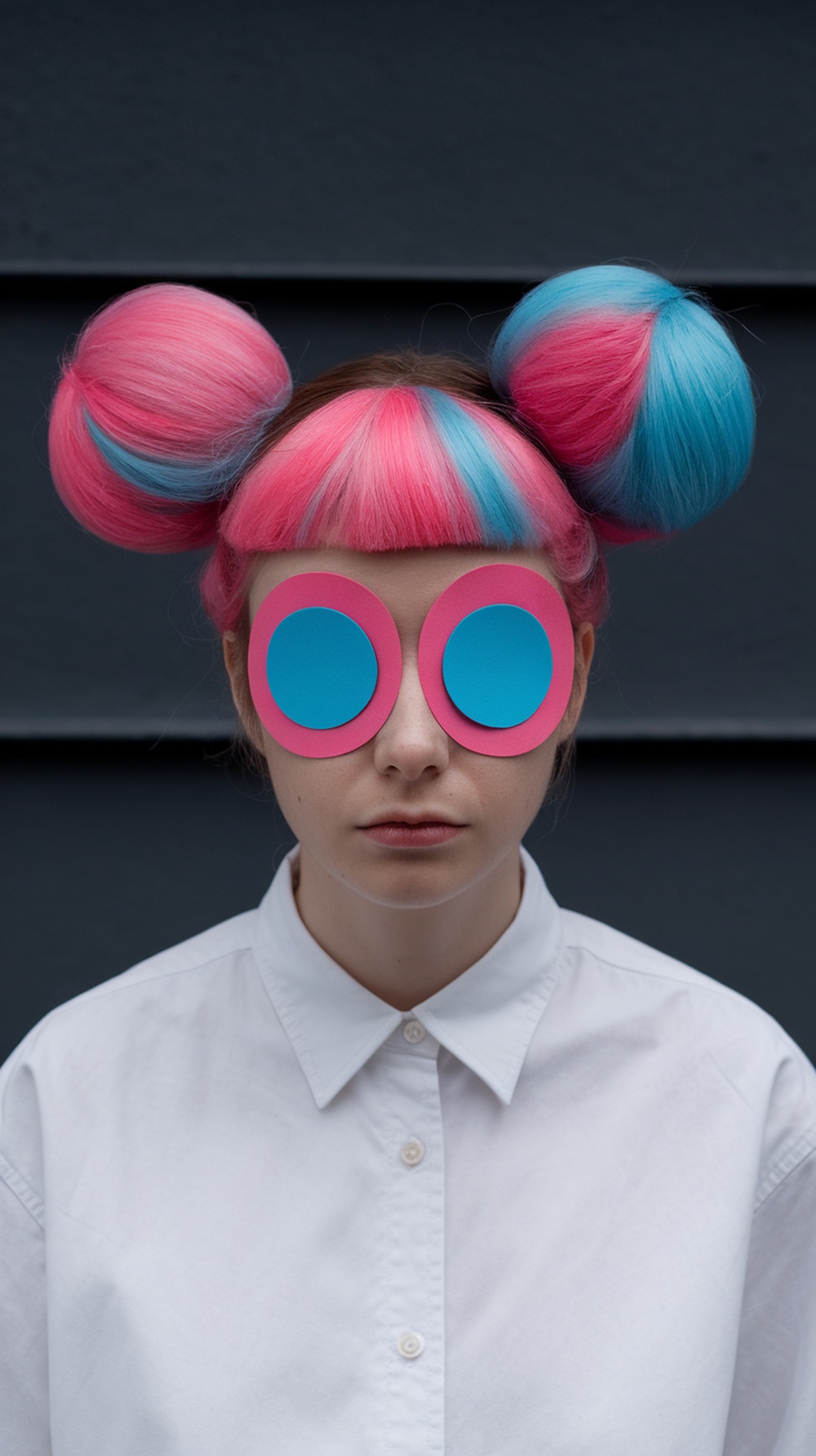 A person with pink and blue hair styled in two large buns, wearing oversized round glasses.