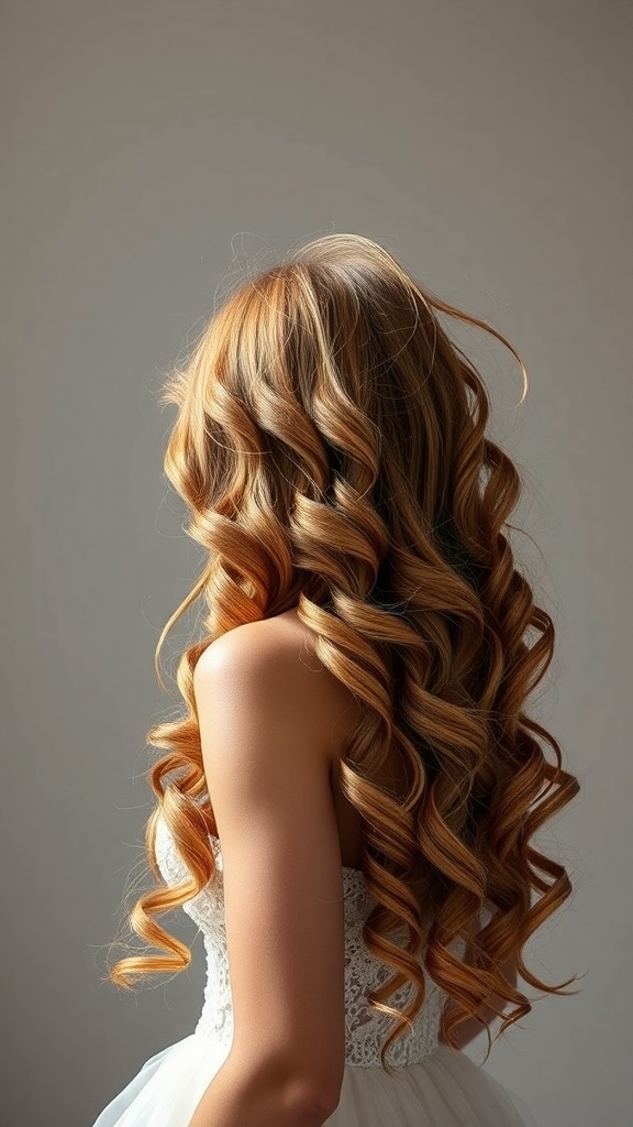 A woman with long, cascading curls in a soft, elegant setting.