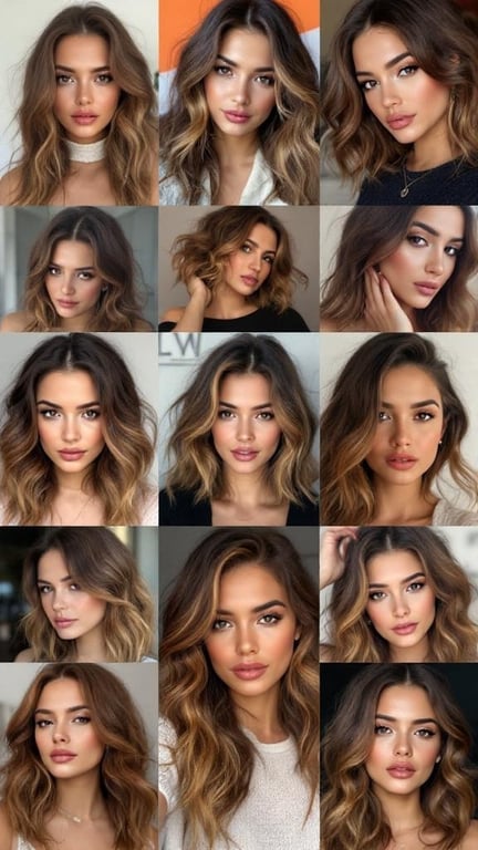 Collage of celebrities with caramel highlights in brown hair
