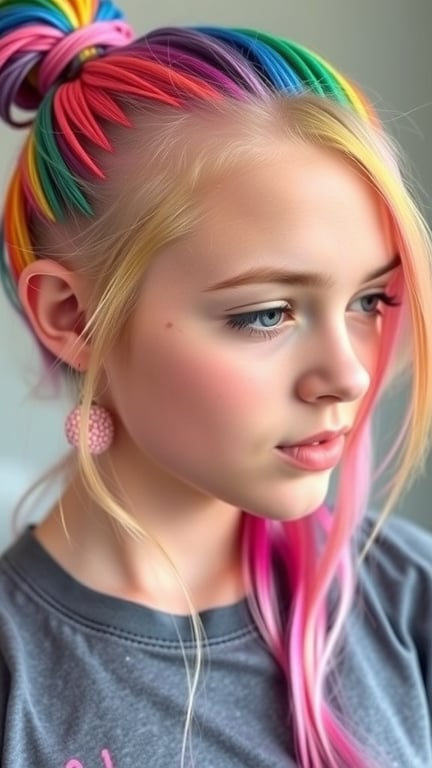 A young person with rainbow-colored hair styled in a top knot, showcasing vibrant chalk-inspired temporary hair dye.