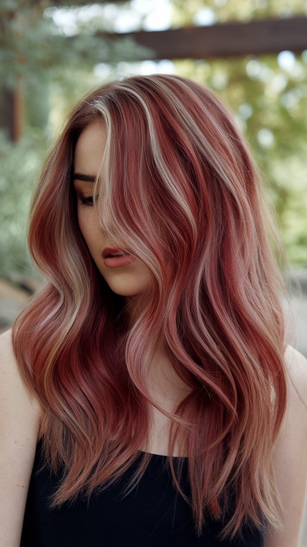 A woman with cherry bomb hairstyle featuring red hair with blonde highlights.