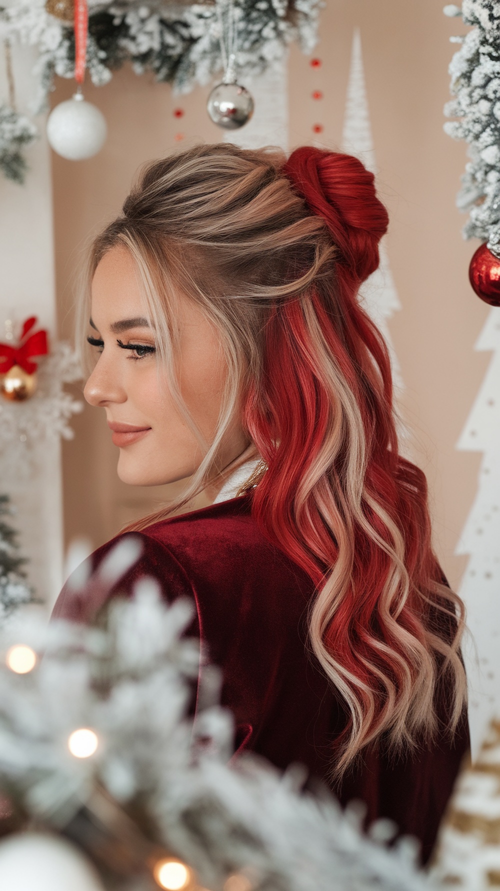 A woman with a half-up hairstyle featuring red and blonde hair, styled with waves and a top knot.