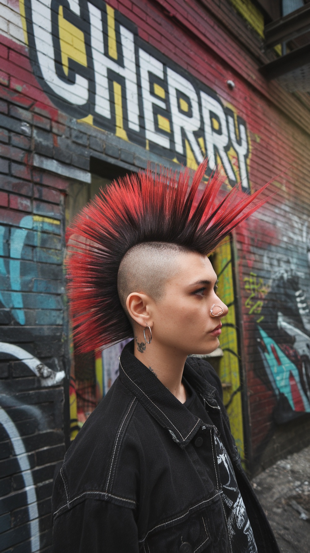 A person with a striking Cherry Bomb Mohawk hairstyle, featuring vibrant red and black spikes, standing in front of a colorful graffiti wall.
