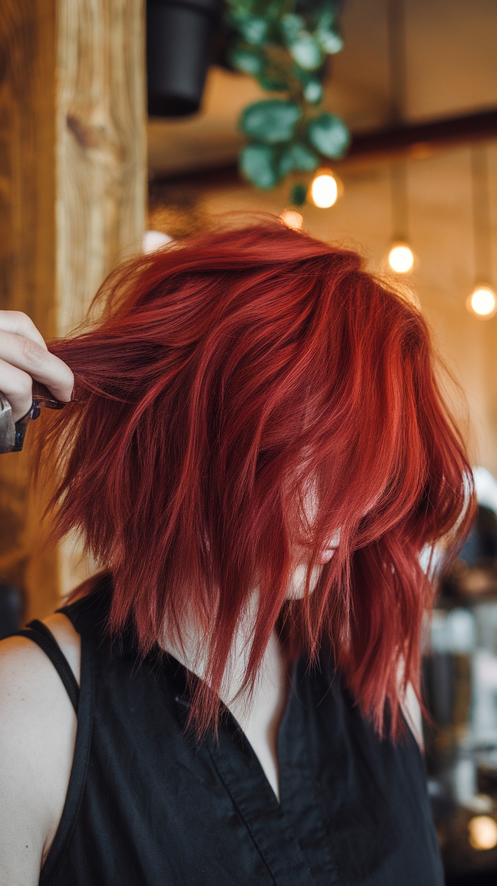 A person with a vibrant red shag haircut, showcasing choppy layers and a playful style.