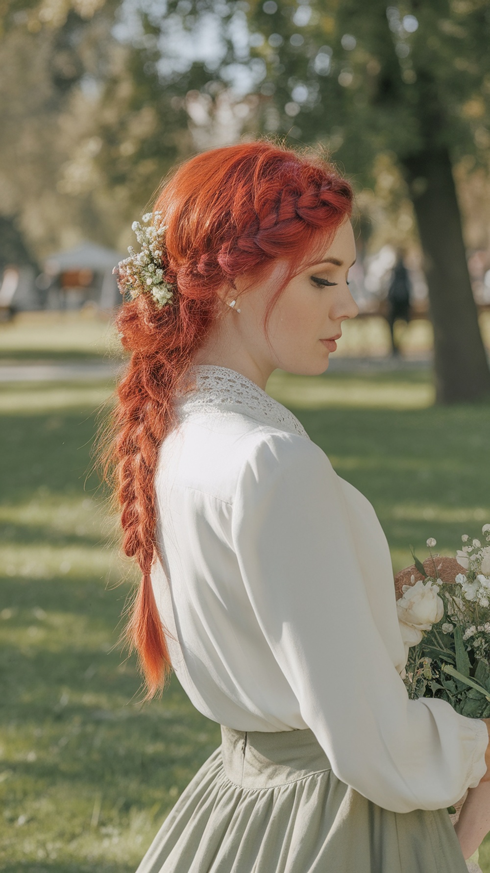 A woman with red hair styled in a side braid, adorned with flowers, standing in a park.