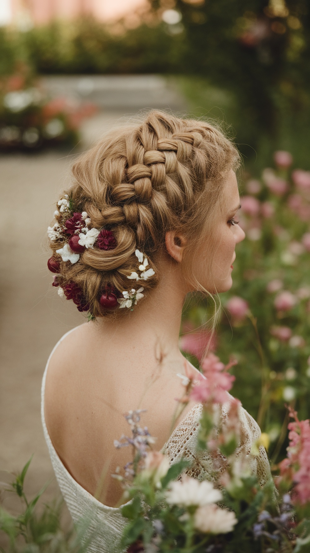A beautiful braided updo adorned with flowers, showcasing a Cherry Bomb hairstyle.