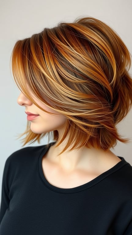 A woman with a chestnut layered haircut showcasing warm tones and soft layers.
