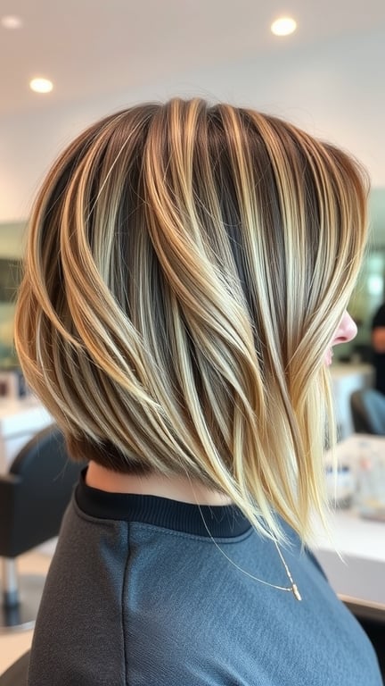 A stylish bob haircut with subtle layers and warm highlights, showcasing a modern look.