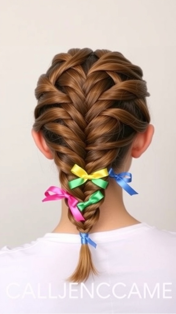 A stylish braided hairstyle with colorful ribbons.