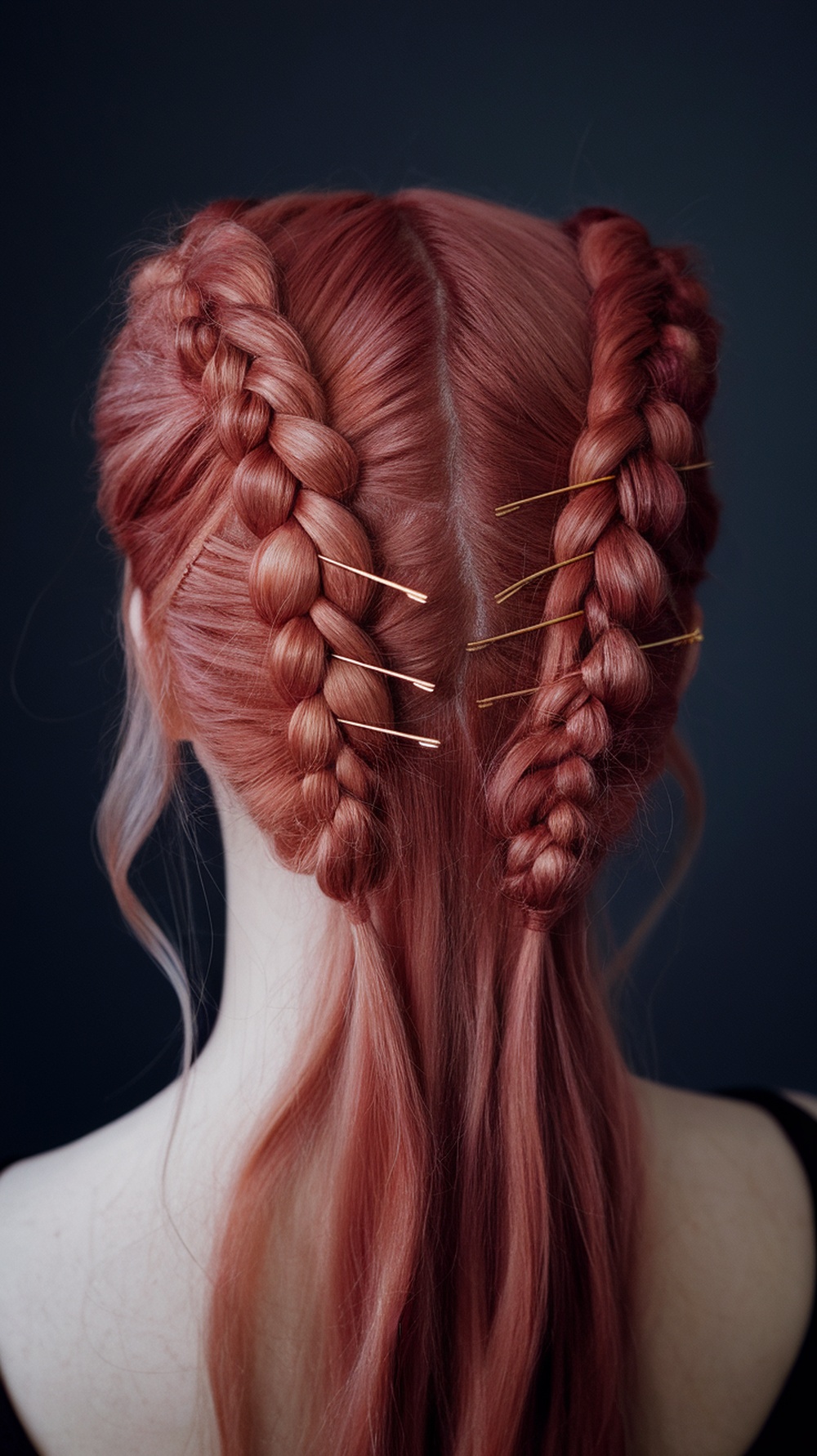 A stylish hairstyle featuring two braided sections with hairpins, showcasing a cherry bomb color.