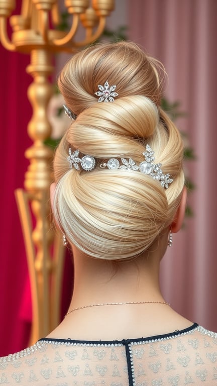 A stylish high bun hairstyle adorned with sparkling accessories, showcasing elegance and sophistication.