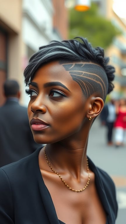 A woman with a chic undercut pixie cut featuring a unique design shaved into the side, showcasing confidence and style.