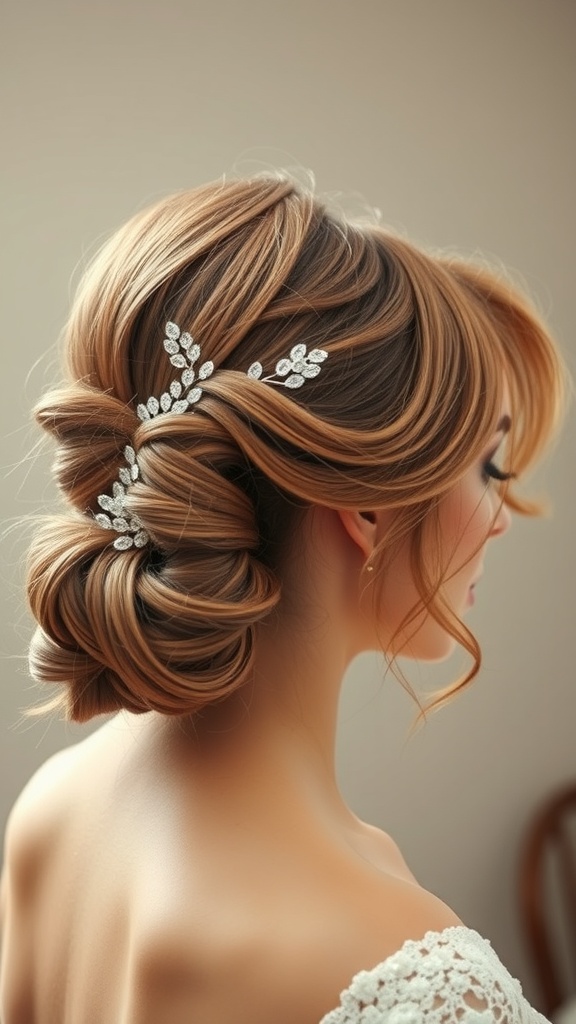A chic updo hairstyle with wispy bangs and elegant hair accessories.