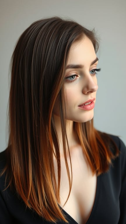 A woman with chocolate brown hair and ginger tips, styled straight.