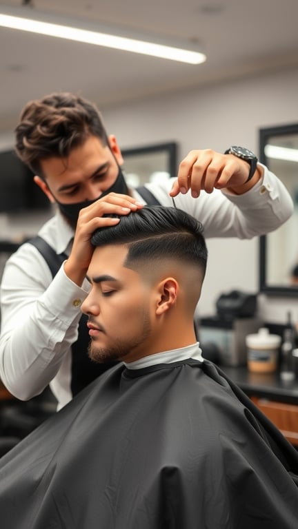 A barber styling a client's hair with a temple fade hairstyle.