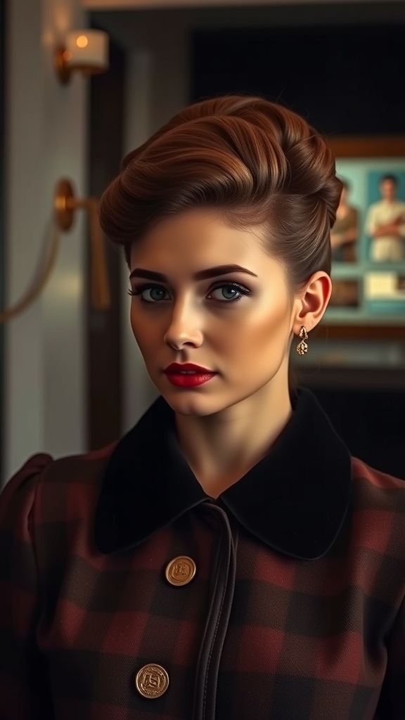 A woman with a classic beehive updo hairstyle, wearing a stylish outfit and bold red lipstick.