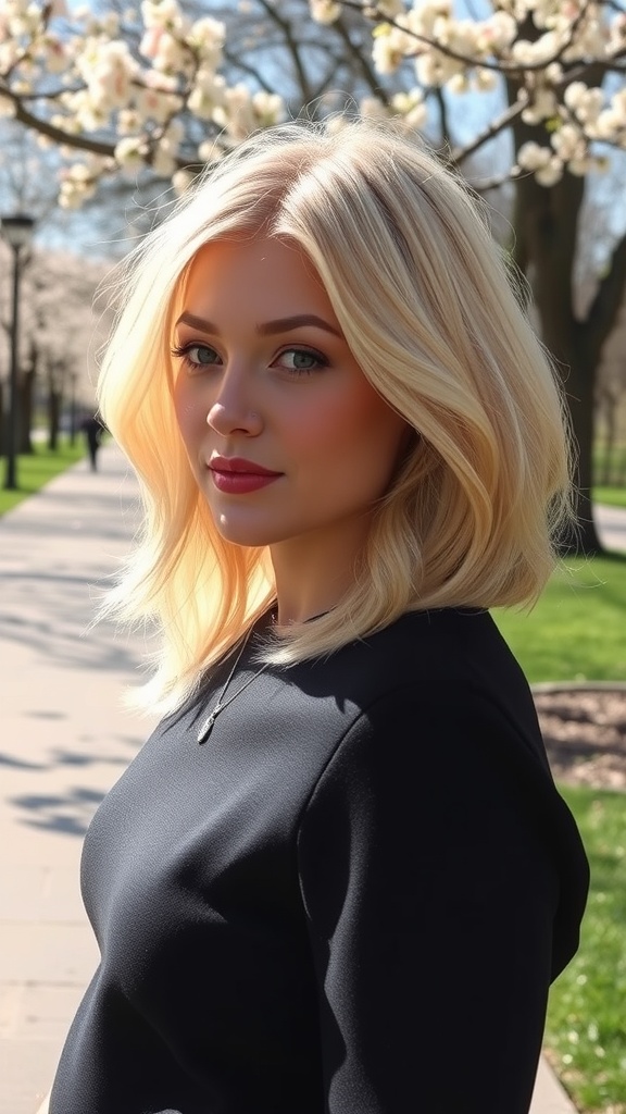 A woman with shoulder-length blonde hair, standing outdoors with blooming trees in the background.