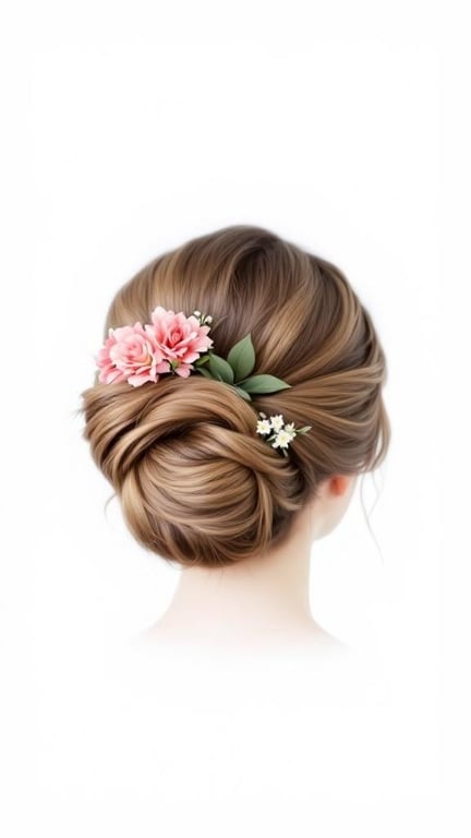 A classic chignon hairstyle adorned with pink flowers and greenery.