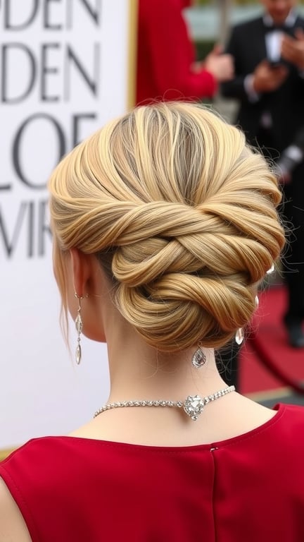 A woman with a classic chignon hairstyle featuring a twist, wearing elegant jewelry, at a red carpet event.