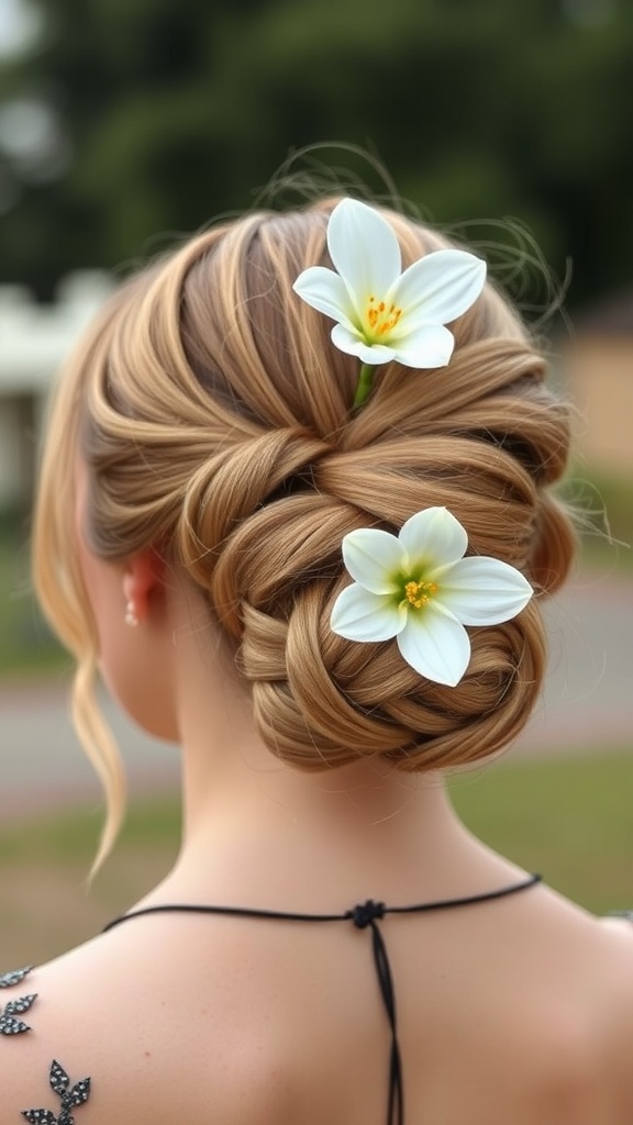 A beautiful classic chignon hairstyle adorned with white flowers.