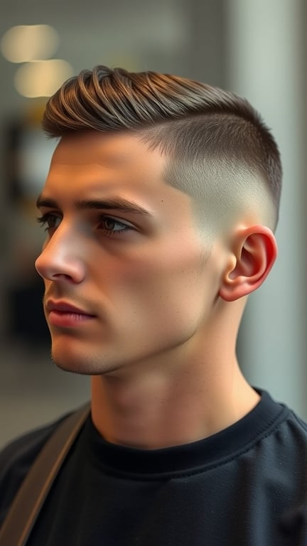 A young man with a classic crew cut hairstyle, featuring short sides and longer hair on top.