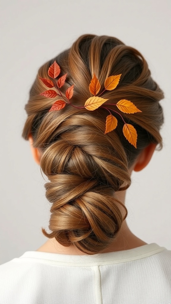 A classic French twist hairstyle adorned with colorful autumn leaves.