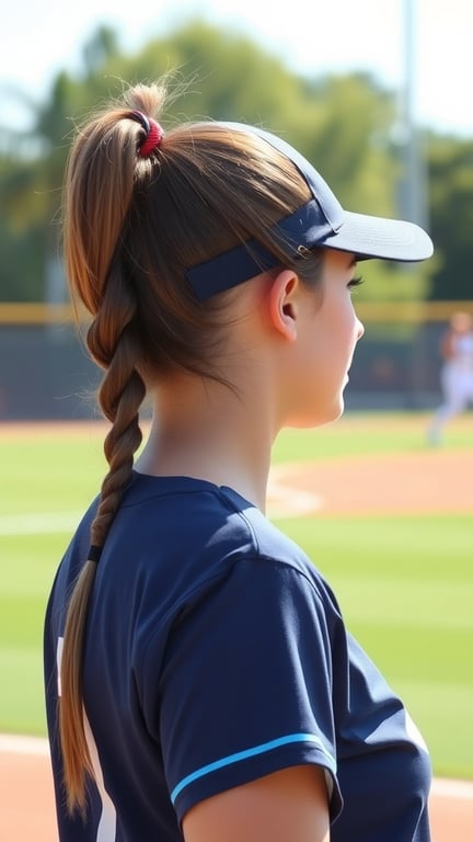 A young athlete with a high ponytail and visor, standing on a softball field.