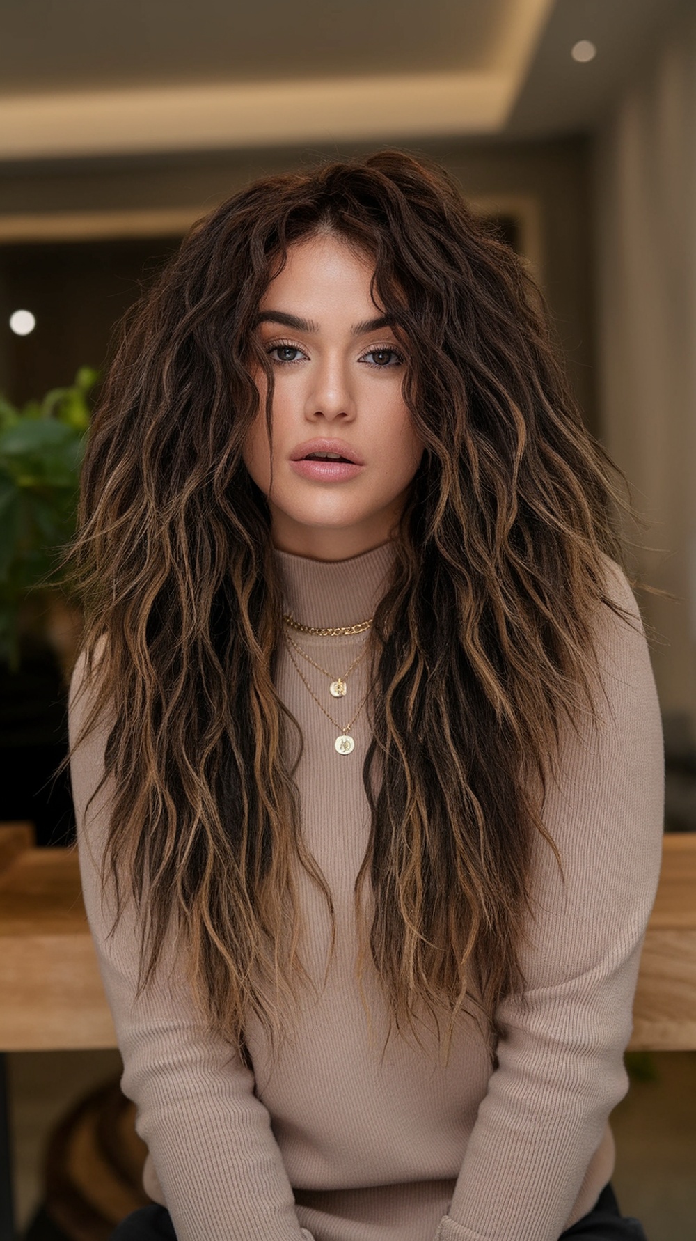 A woman with long layered curly hair, showcasing defined ends and a natural look.