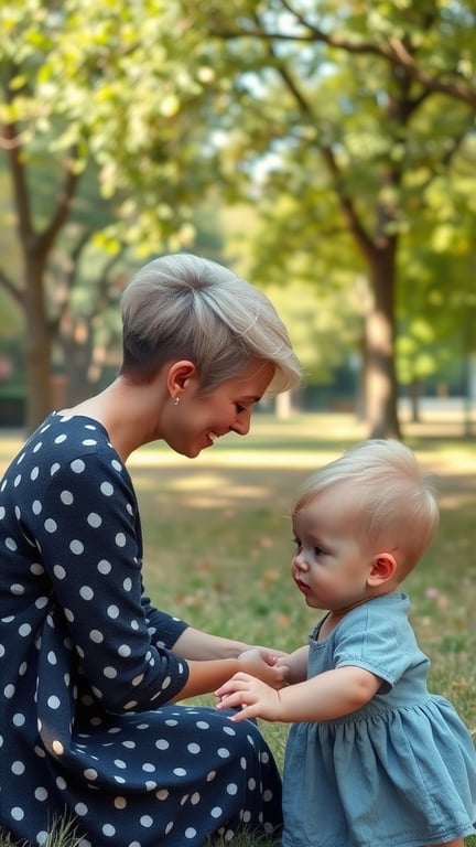 A mother with a classic pixie cut playing with her baby in a park.
