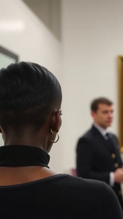A woman with a classic tapered pixie cut, showcasing a sleek hairstyle.