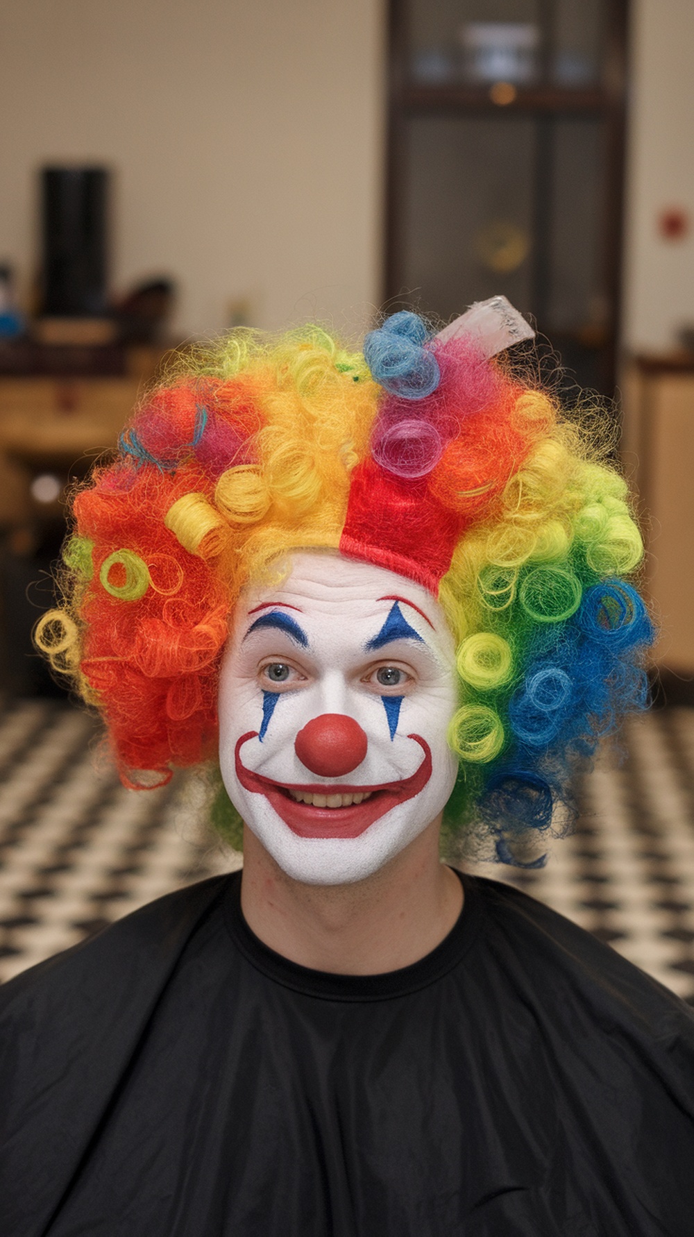 A person wearing a colorful clown wig with curly hair and clown makeup, smiling cheerfully.