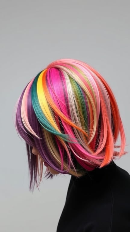 A vibrant hairstyle featuring color-blocked sections in various shades including pink, purple, green, and yellow.