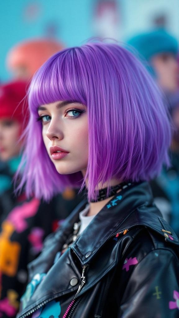 A young person with a vibrant purple shag haircut, wearing a leather jacket, surrounded by others with colorful hairstyles.