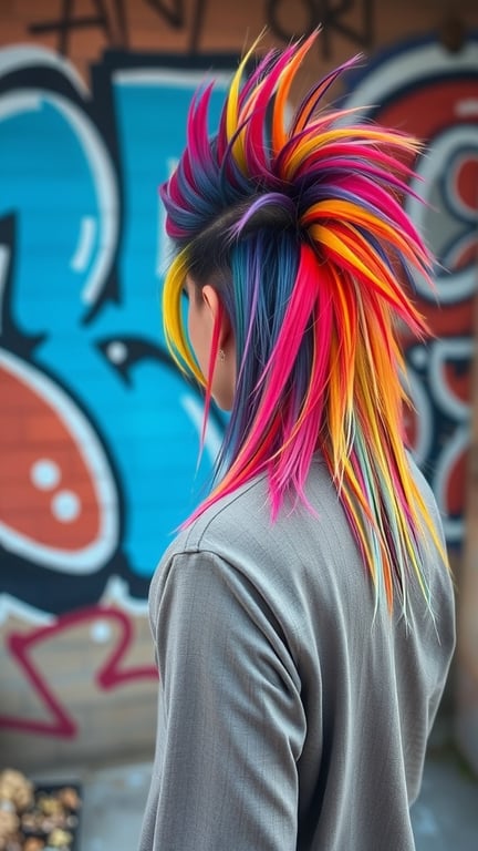 A person with a colorful mullet hairstyle featuring bright pink, blue, and yellow colors, standing in front of a graffiti wall.