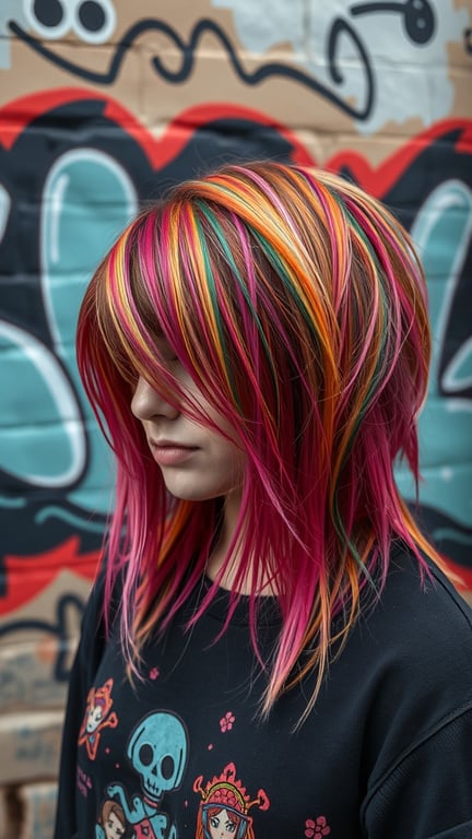 A person with colorful highlights in a shag hairstyle, featuring vibrant pink, orange, and green colors.