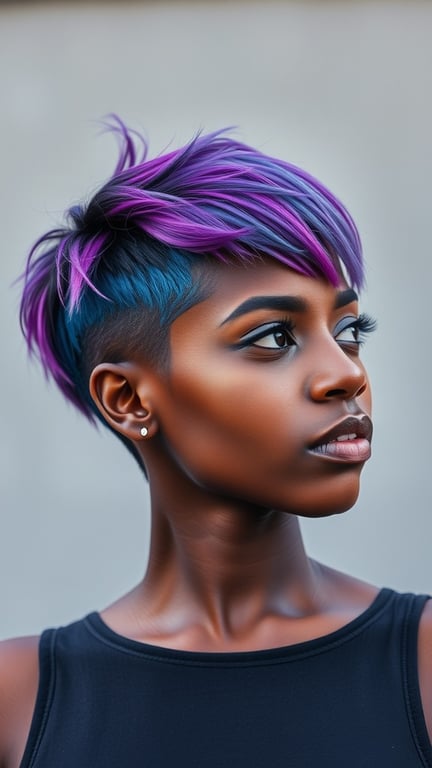 A close-up of a woman with a colorful pixie cut featuring purple and blue highlights.