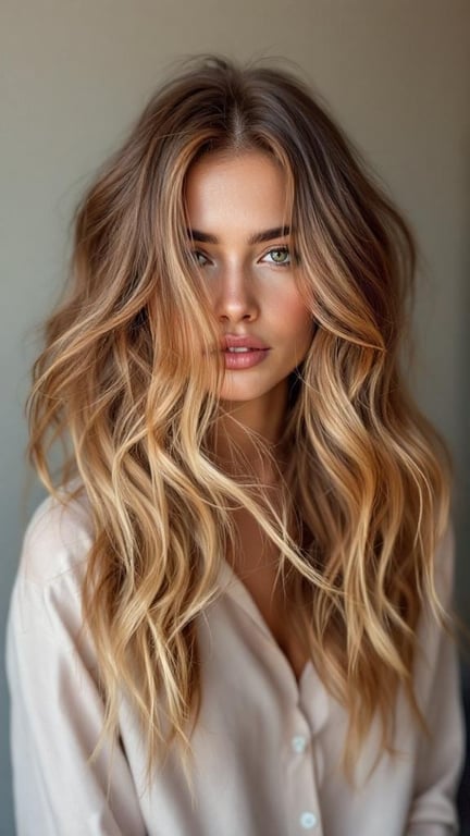 A woman with wavy brown hair featuring caramel highlights, showcasing a blend of colors.