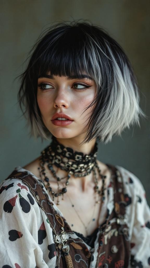 A young woman with an emo shag haircut featuring dark roots and light tips, wearing layered necklaces and a patterned top.