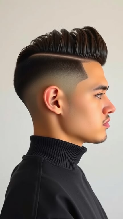 A stylish young man with a temple fade hairstyle, featuring longer hair on top styled upwards.