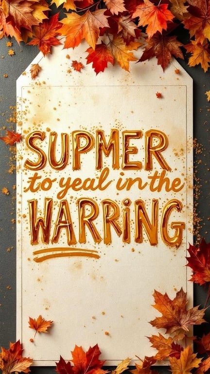 An artistic representation featuring autumn leaves and a playful text about summer transitioning into fall.